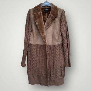 CENY suede cable knit faux fur long sweater coat